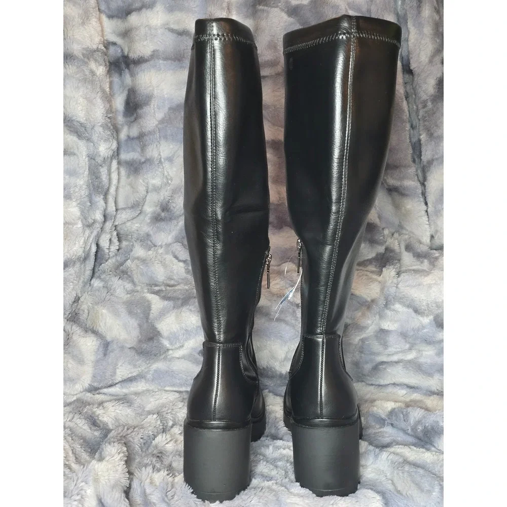 NWT Aqua College Ria Black Waterproof Leather Knee‎ High Platform Boots 9.5M